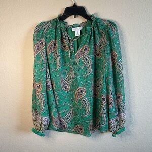 Rachel Zoe Womens‎ Small Green Paisley Sparkle Top Longsleeve Sheer lined Floral